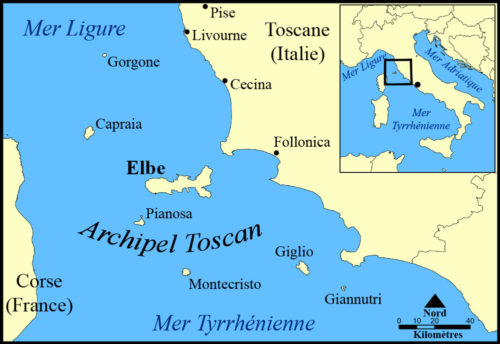 Carte de l'archipel toscan en Italie avec iles Elbe Capraia Gorgone Pianosa Montecristo Giglio Giannutri